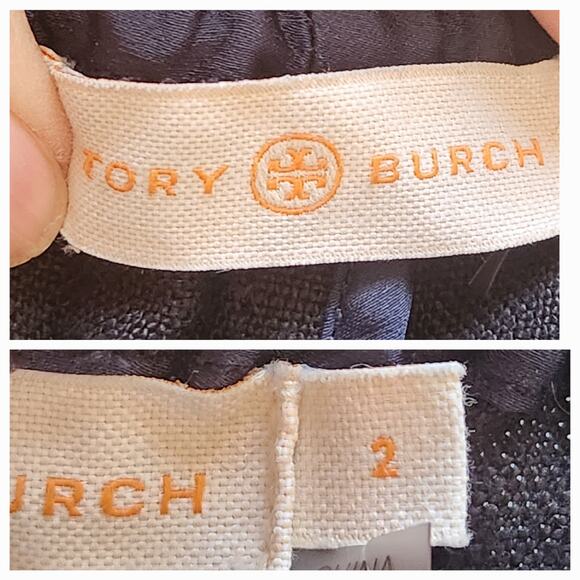 Tory Burch 100% Linen Pants Elastic Waist Striped front solid black back sz 2 - Picture 3 of 11